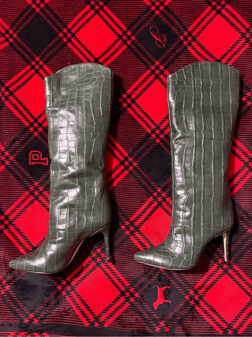Schutz Maryana Croc-Embossed Knee-High Boots – Green – Size 7